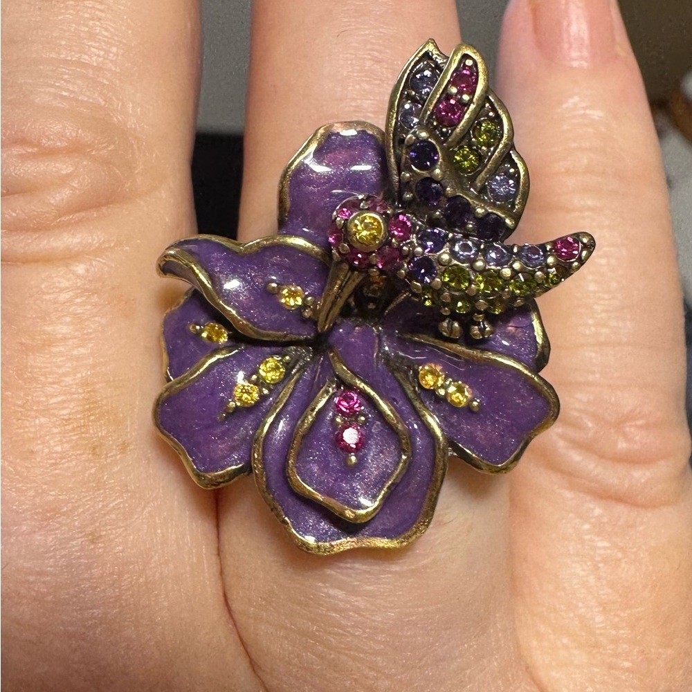 DESIGNER SIGNED HEIDI DAUS FLOWER & HUMMINGBIRD RING SZ 6.5 ENAMEL RHINESTONES